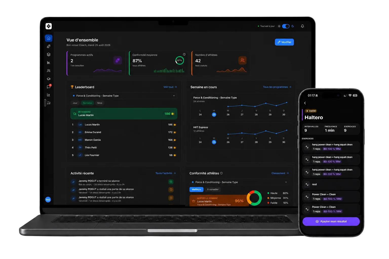 The WIBOCK coach dashboard on the web, next to the athlete app on mobile