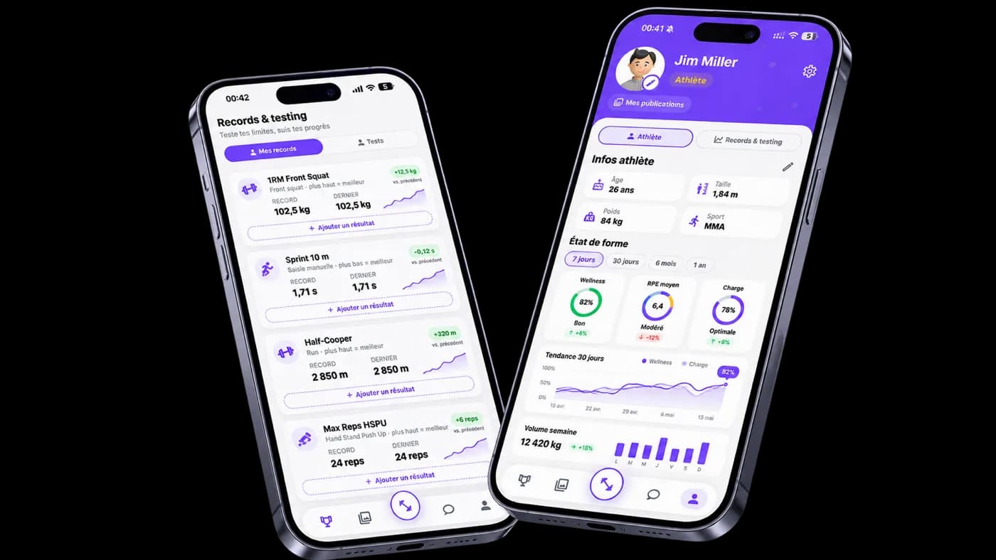 L’application athlète WIBOCK sur deux téléphones : les records personnels et l’état de forme